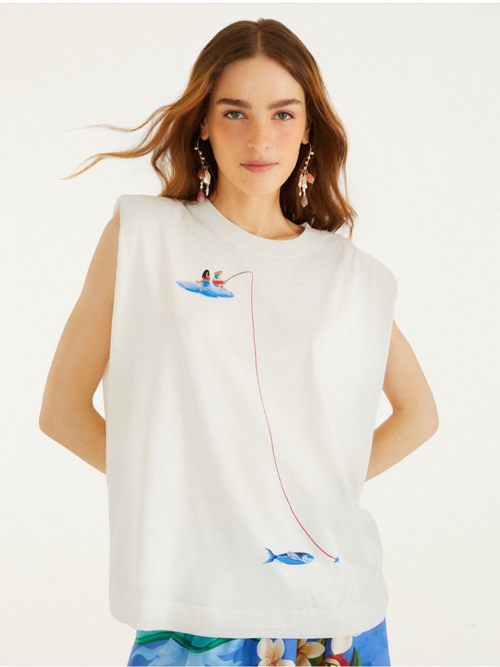 Farm Rio Off-White Fishing Dreams Padded Shoulder T-Shirt NWT M - Picture 4 of 5